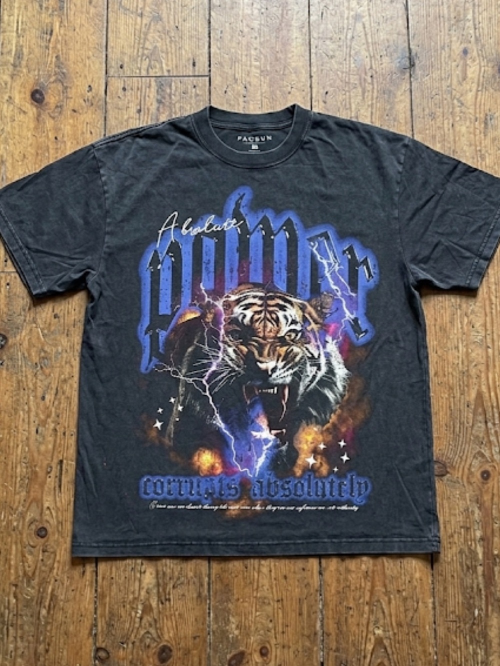 PacSun Black Tee with Blue, Orange & Purple Tiger Graphic